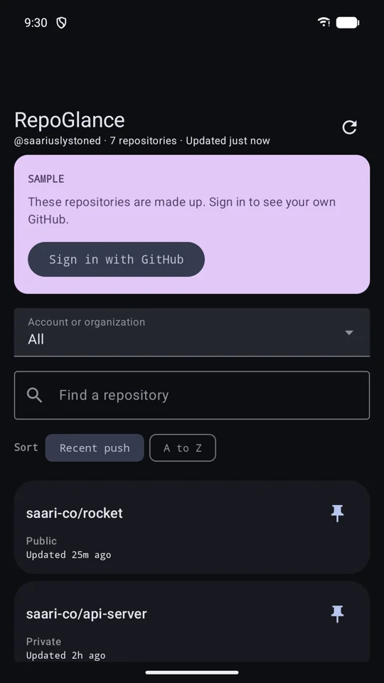 The RepoGlance catalog in sample mode: a SAMPLE banner, then pinned repositories sorted first with their open issue and pull request counts