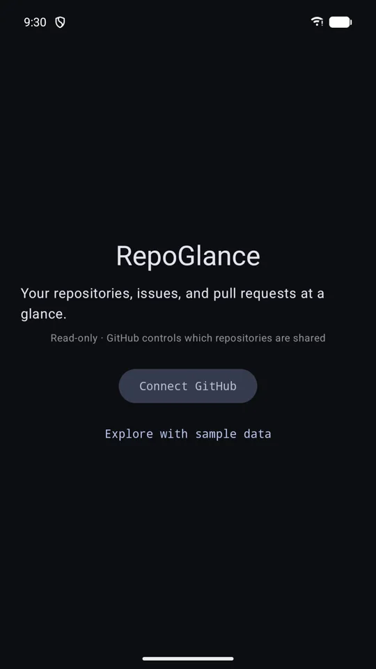 The first RepoGlance screen with Sign in with GitHub and Explore with sample data