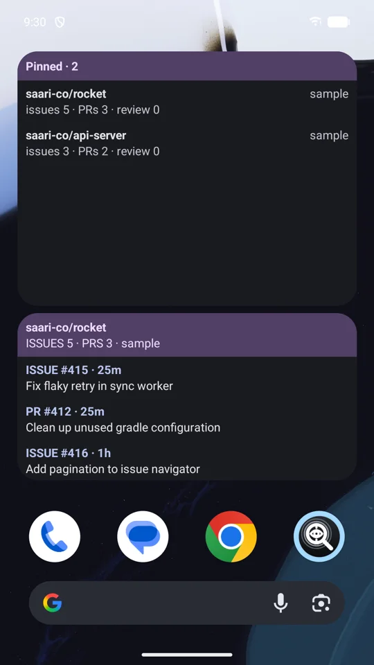 A Pixel home screen with the RepoGlance Pinned repos widget listing two sample repositories and a tall Repository widget, every time slot reading sample