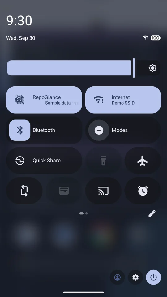 The Quick Settings panel with the RepoGlance tile reading Sample data, a repository name and an age