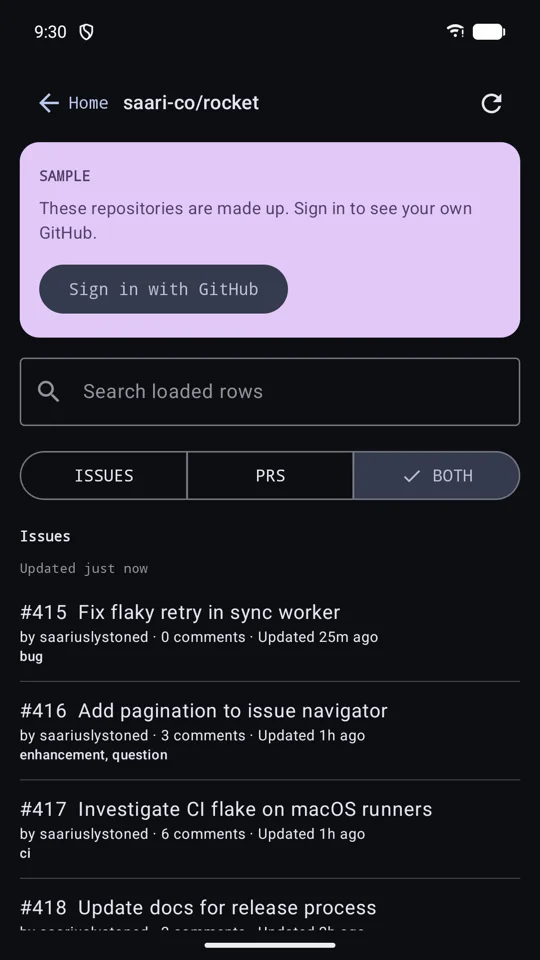 A sample repository in RepoGlance showing its open issues and pull requests in one list